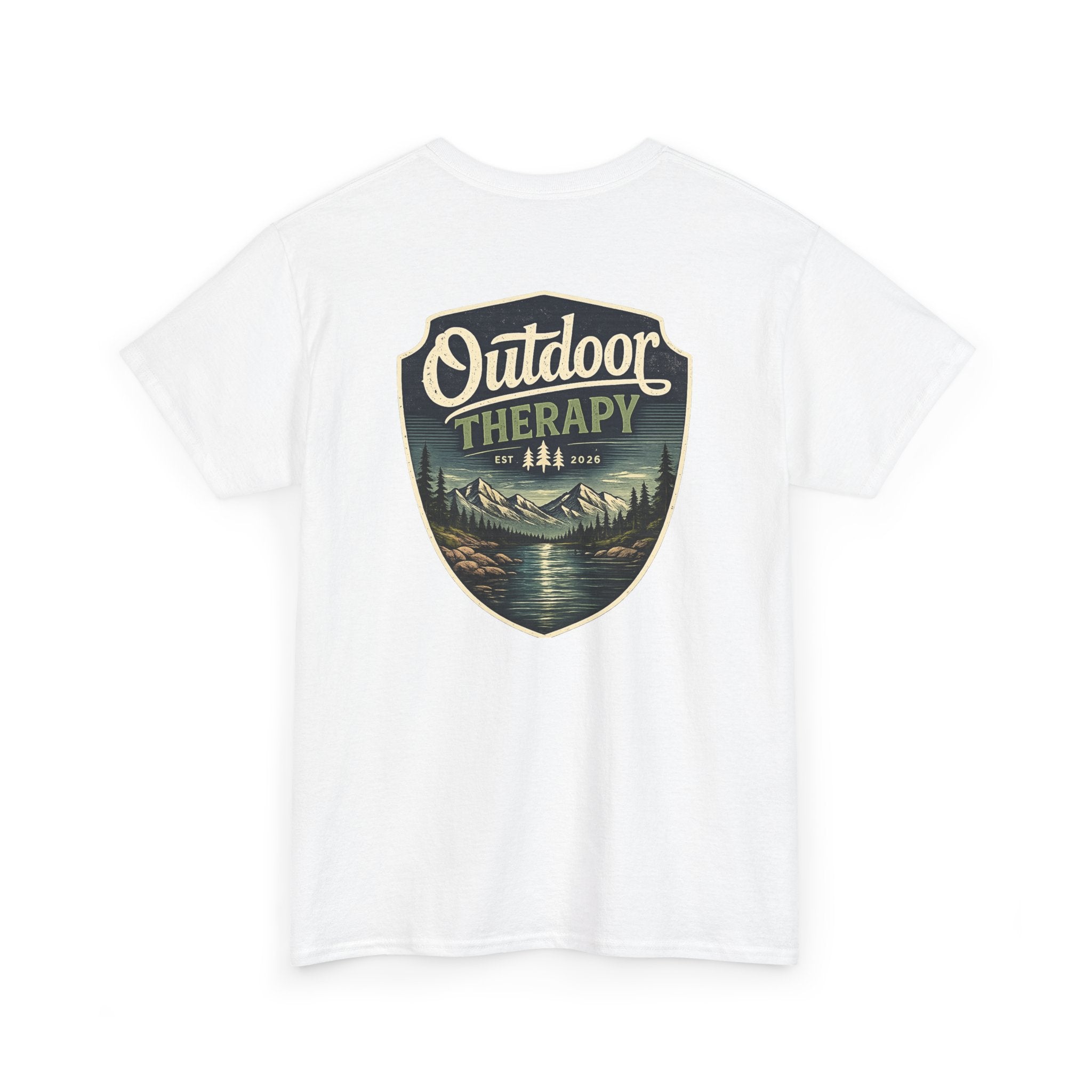 Outdoor Therapy Shield Tee — Scenic Camping & Hiking Graphic Tee