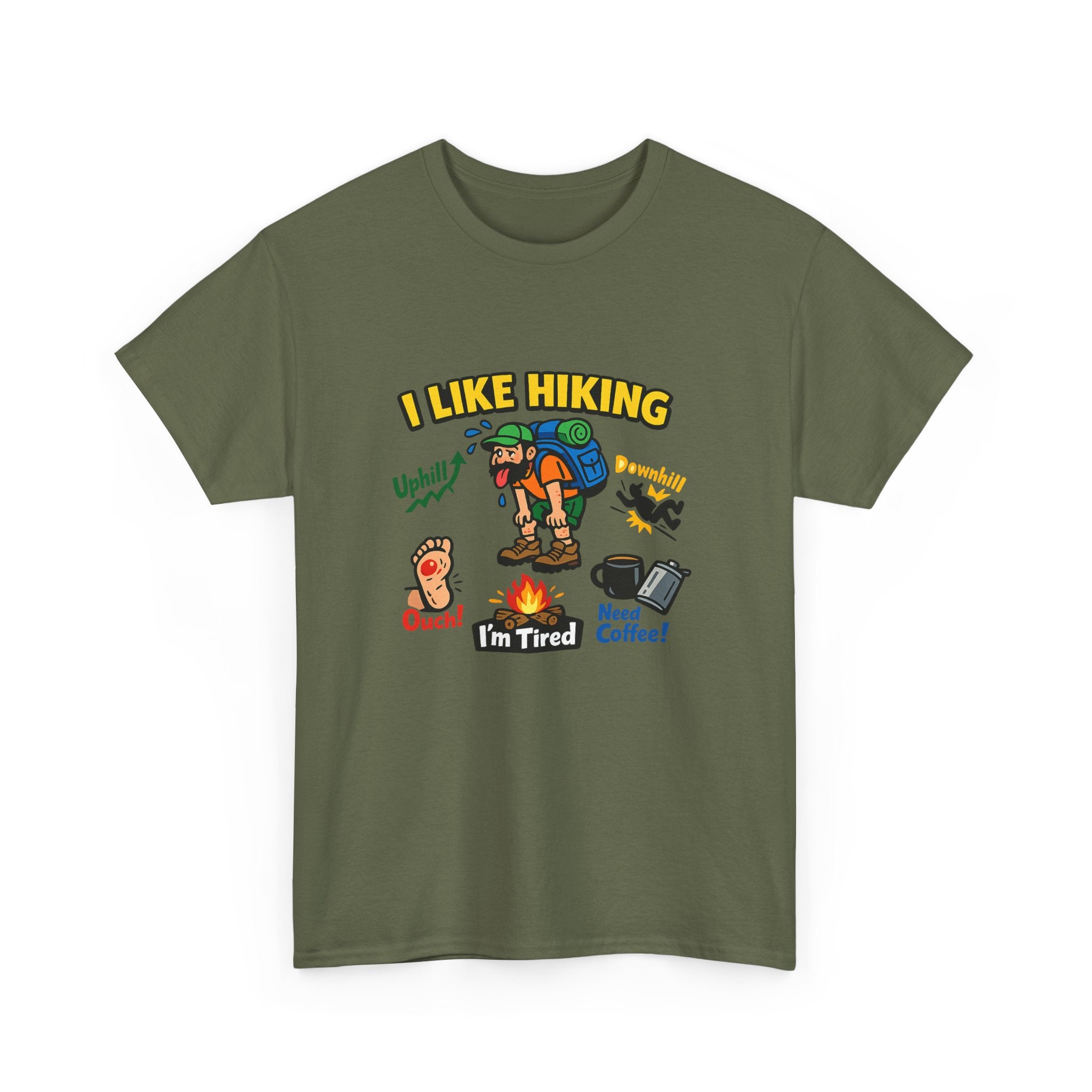 Hiking Cartoon Graphic Tee — I Like Hiking  Funny Camper Shirt (I’m Tired, Need Coffee)