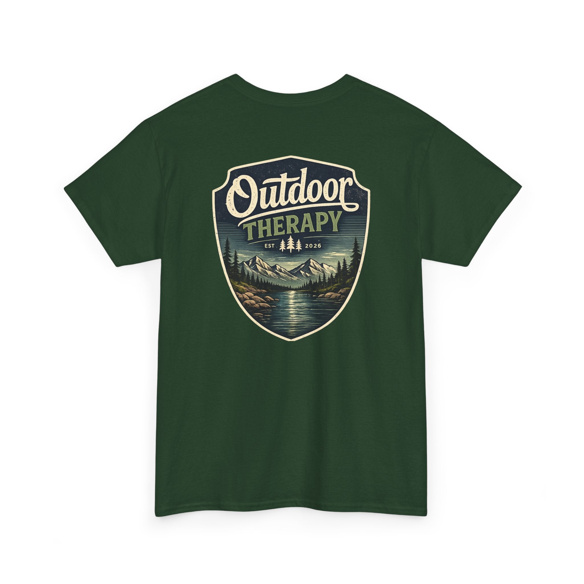 Outdoor Therapy Shield Tee — Scenic Camping & Hiking Graphic Tee
