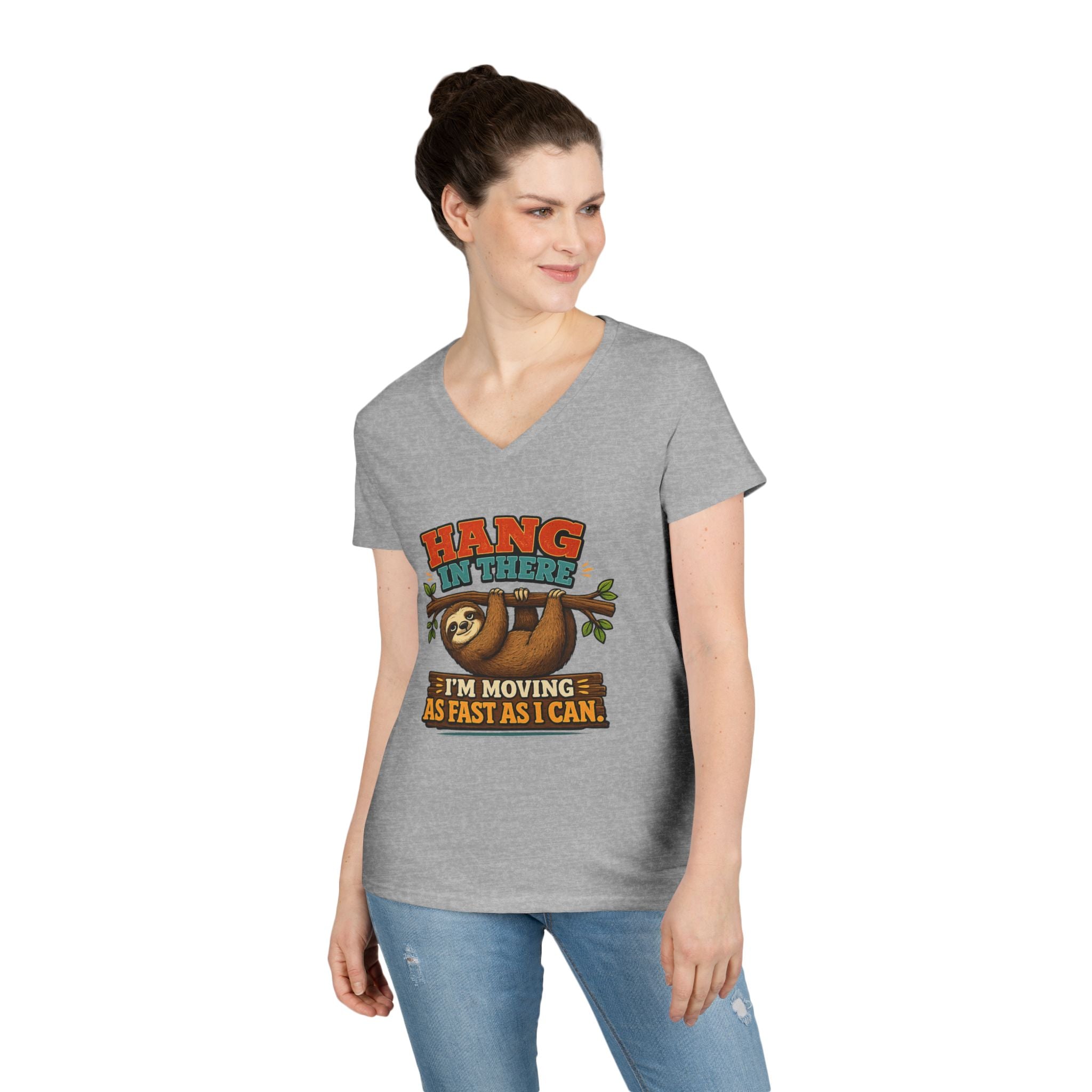 Hang in There Sloth Tee - Ladies V-Neck T-Shirt