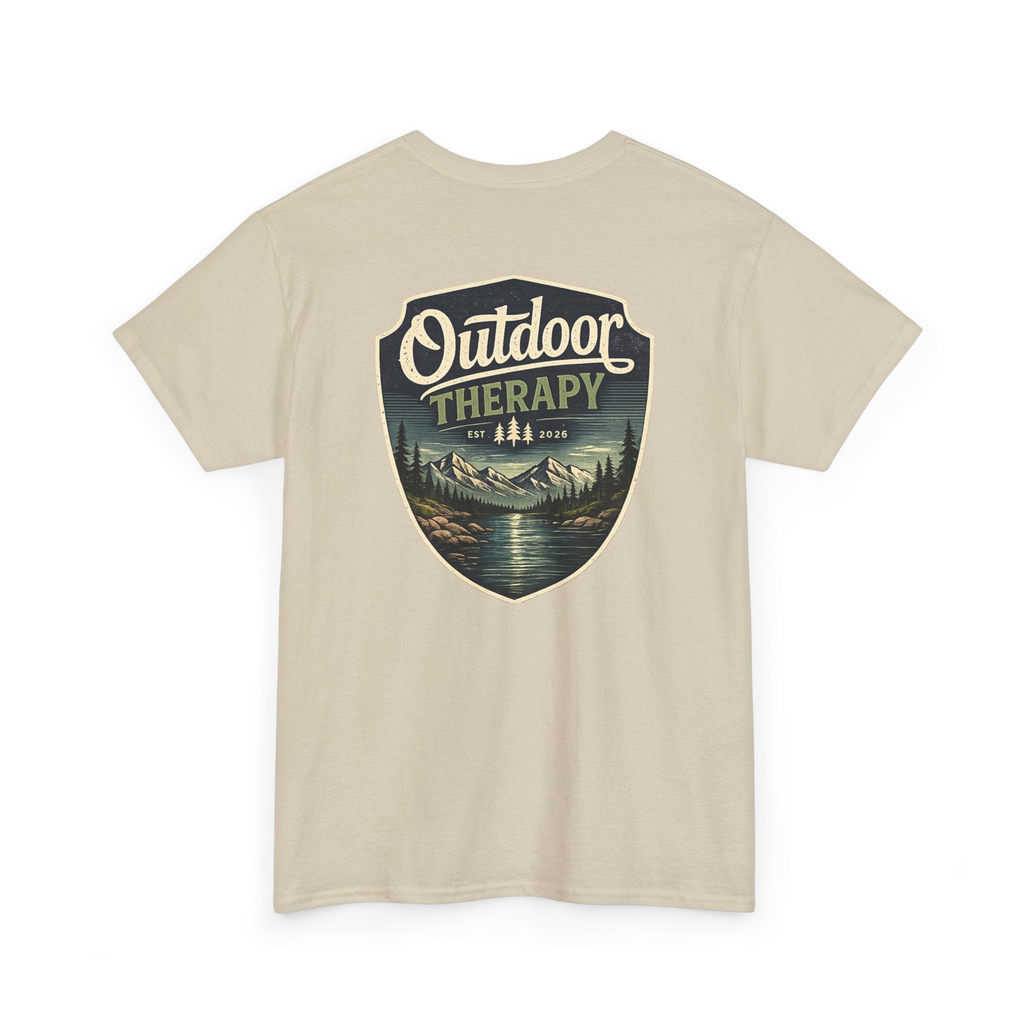 Outdoor Therapy Shield Tee — Scenic Camping & Hiking Graphic Tee