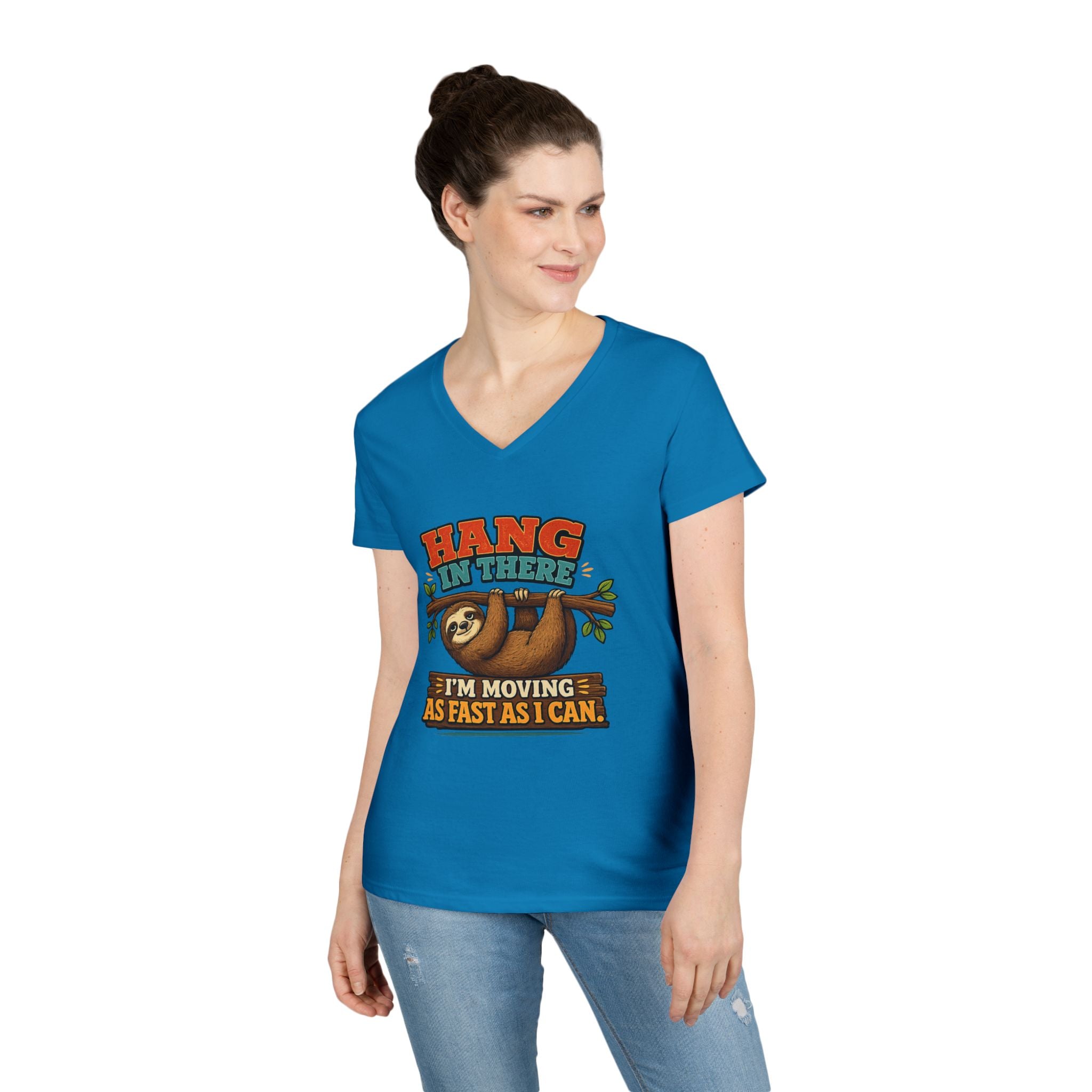 Hang in There Sloth Tee - Ladies V-Neck T-Shirt