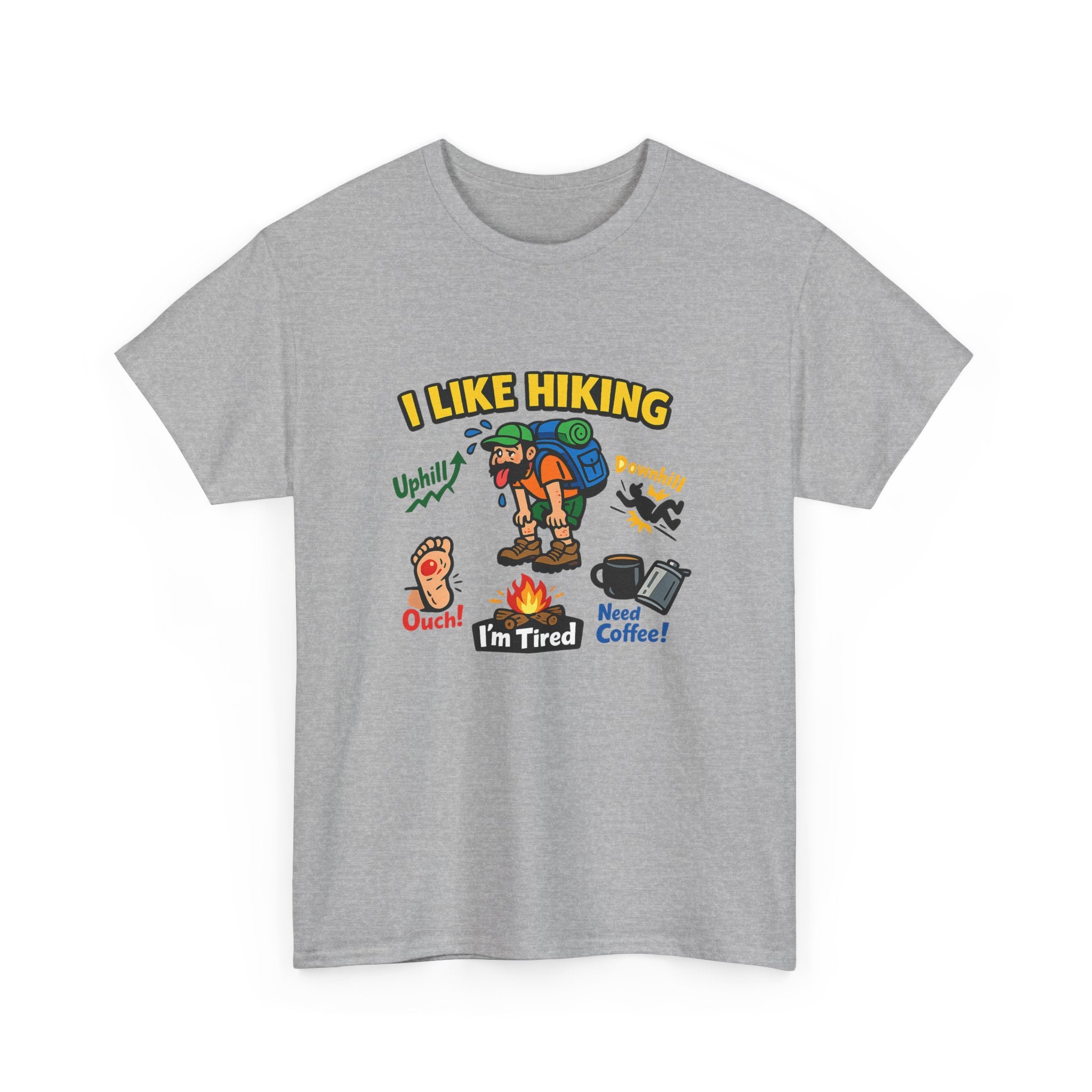 Hiking Cartoon Graphic Tee — I Like Hiking  Funny Camper Shirt (I’m Tired, Need Coffee)