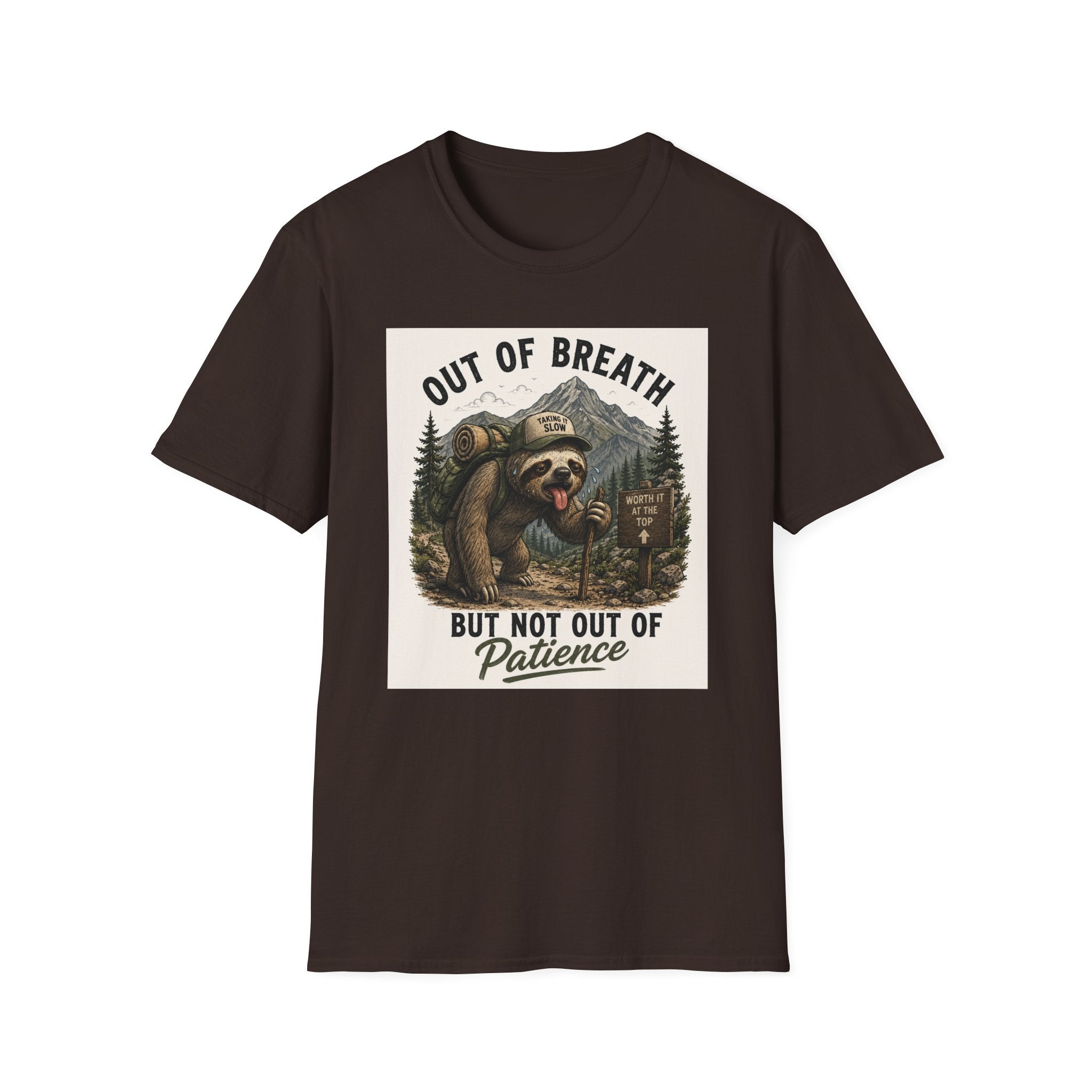 Out of Breath But Not Out of Patience Hiking T-Shirt — Funny Mountain Sloth Tee