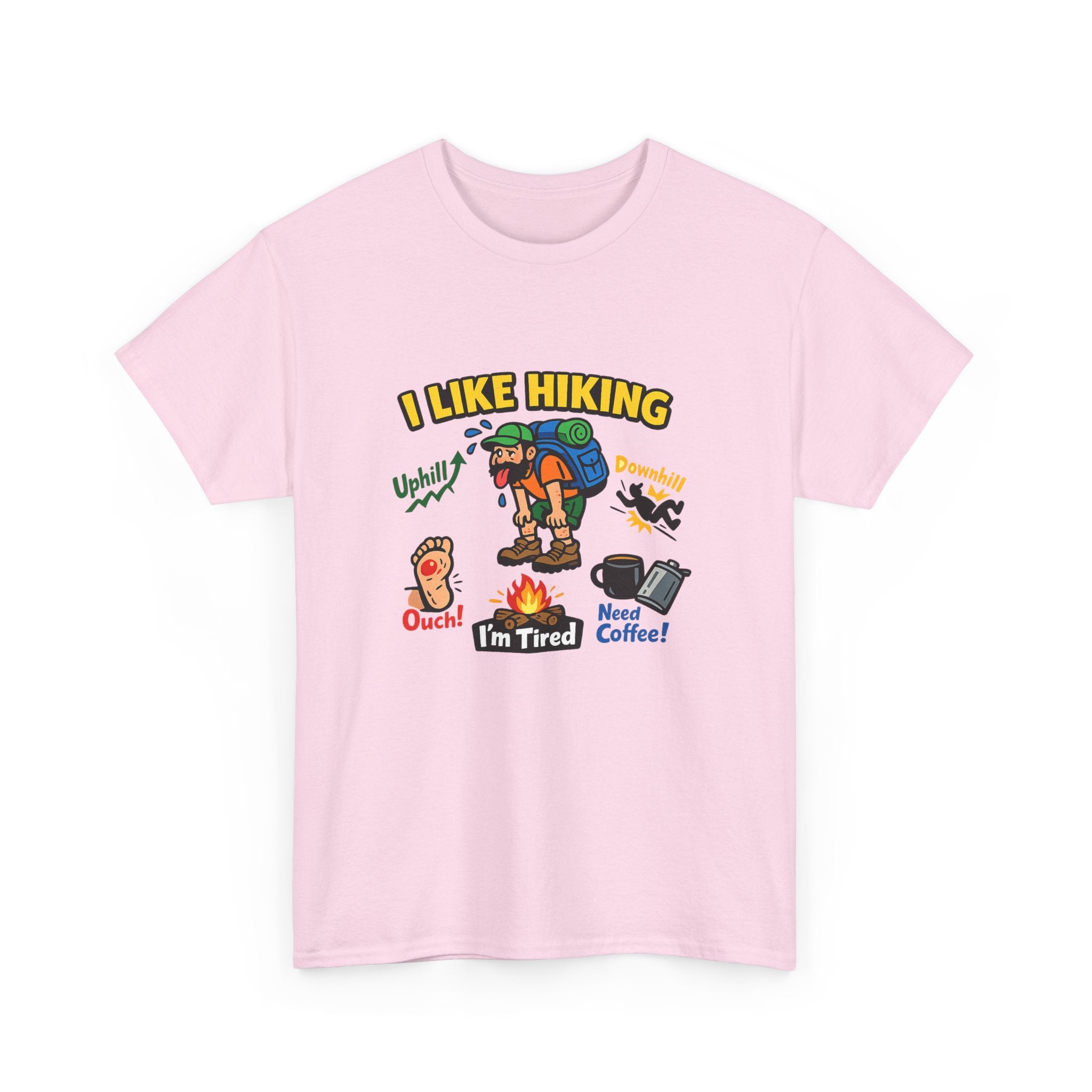 Hiking Cartoon Graphic Tee — I Like Hiking  Funny Camper Shirt (I’m Tired, Need Coffee)
