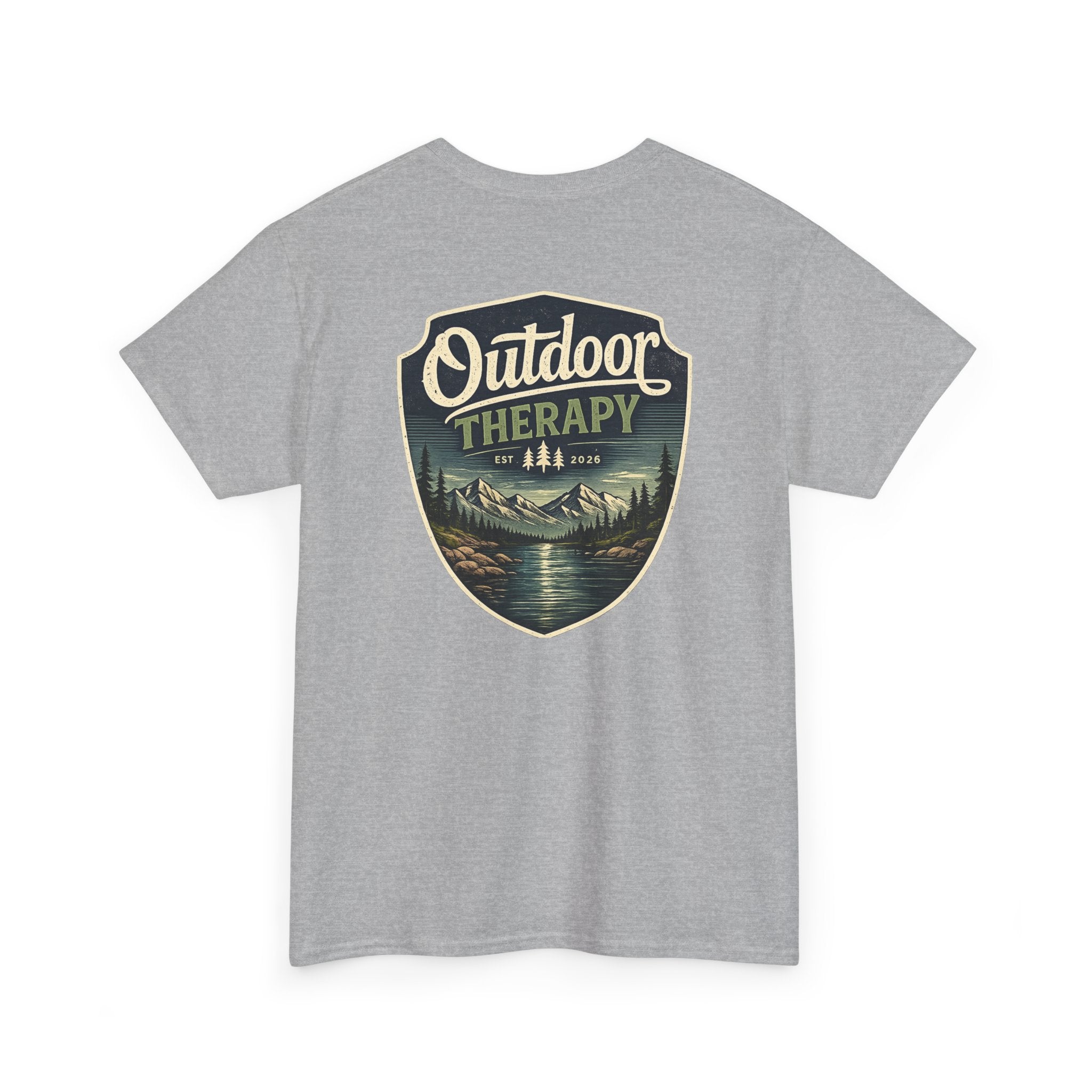 Outdoor Therapy Shield Tee — Scenic Camping & Hiking Graphic Tee