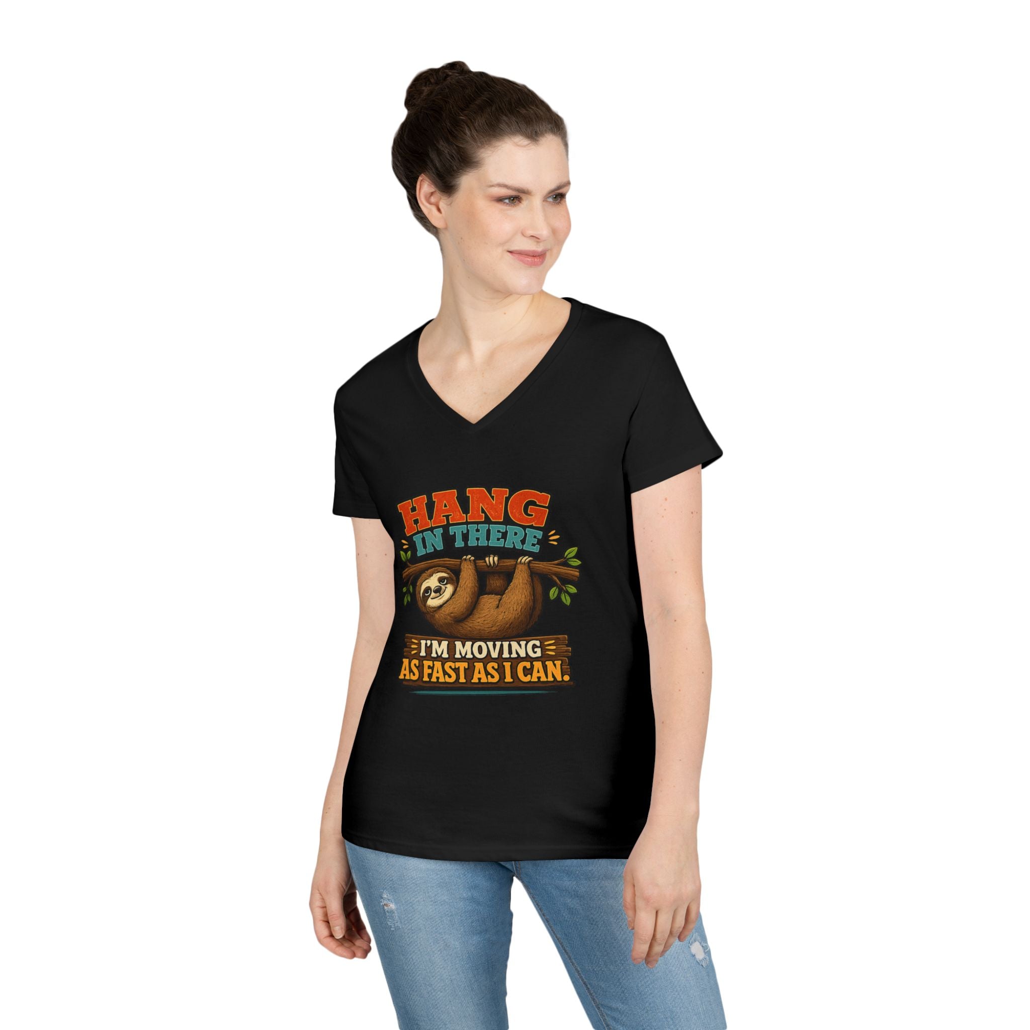 Hang in There Sloth Tee - Ladies V-Neck T-Shirt