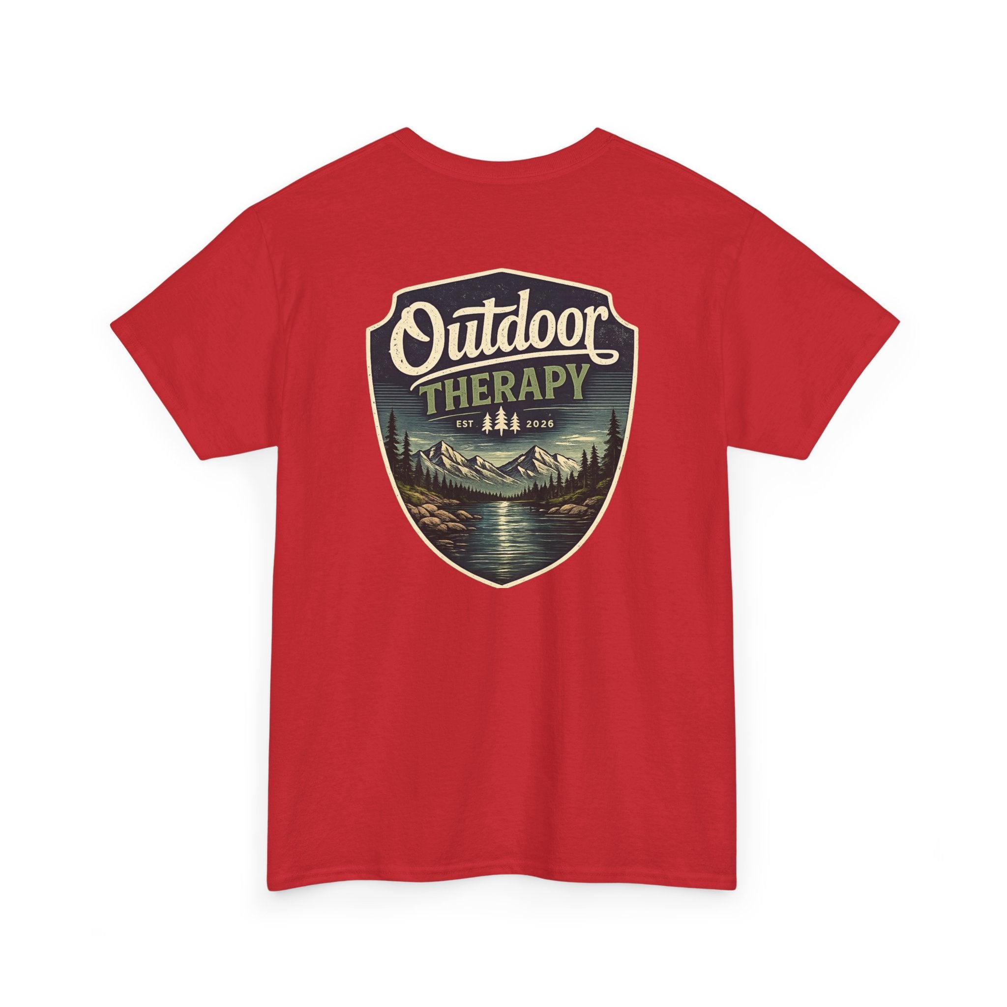 Outdoor Therapy Shield Tee — Scenic Camping & Hiking Graphic Tee