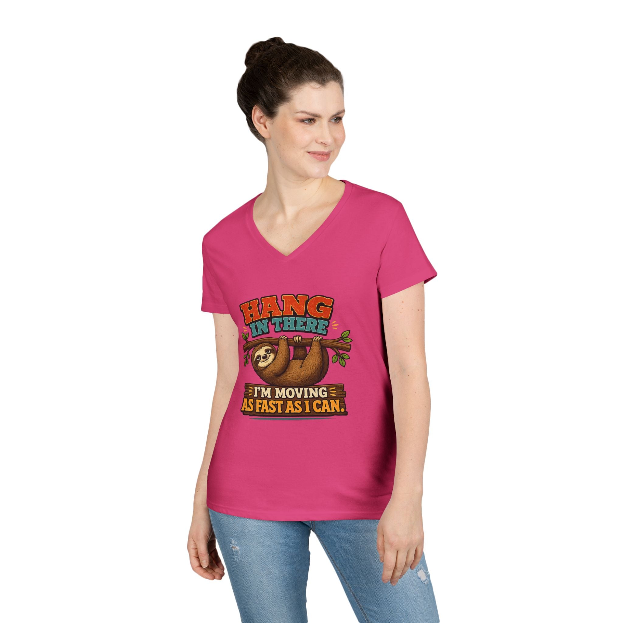 Hang in There Sloth Tee - Ladies V-Neck T-Shirt