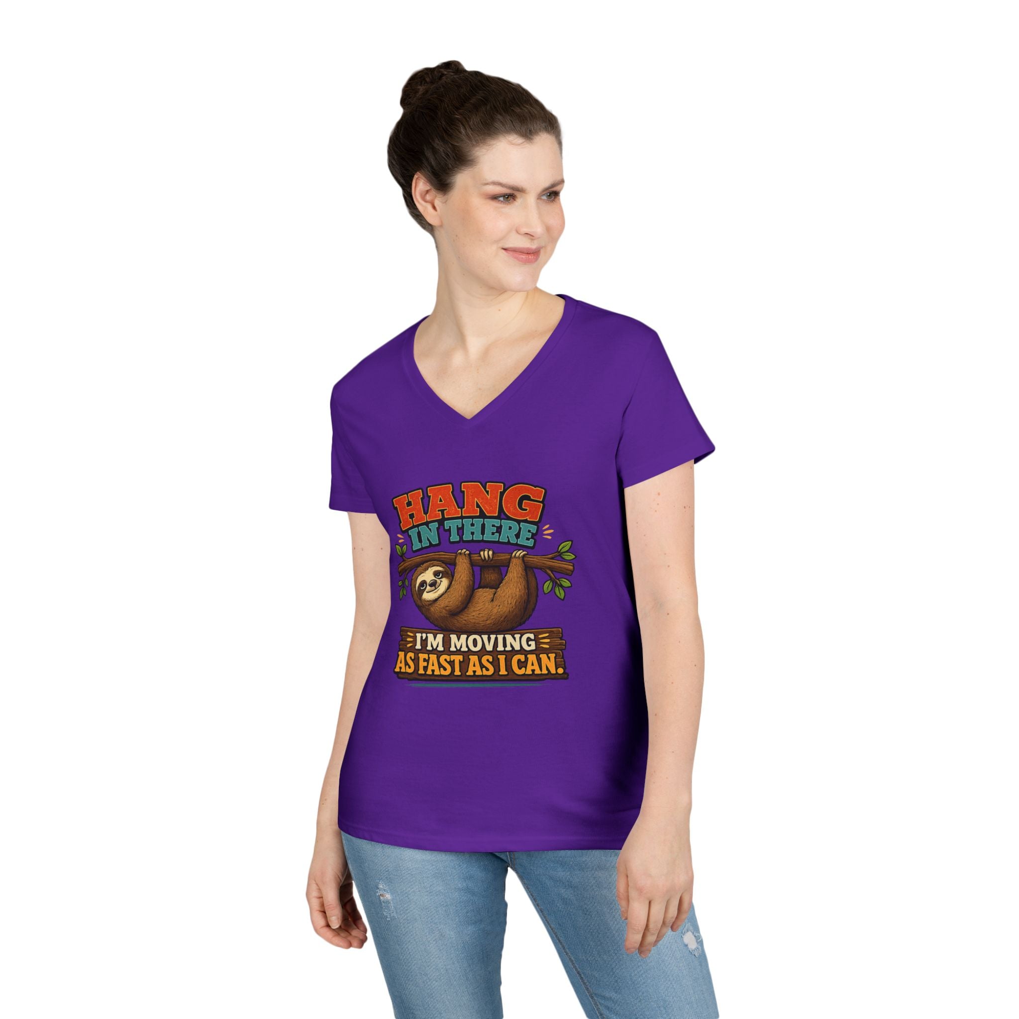 Hang in There Sloth Tee - Ladies V-Neck T-Shirt