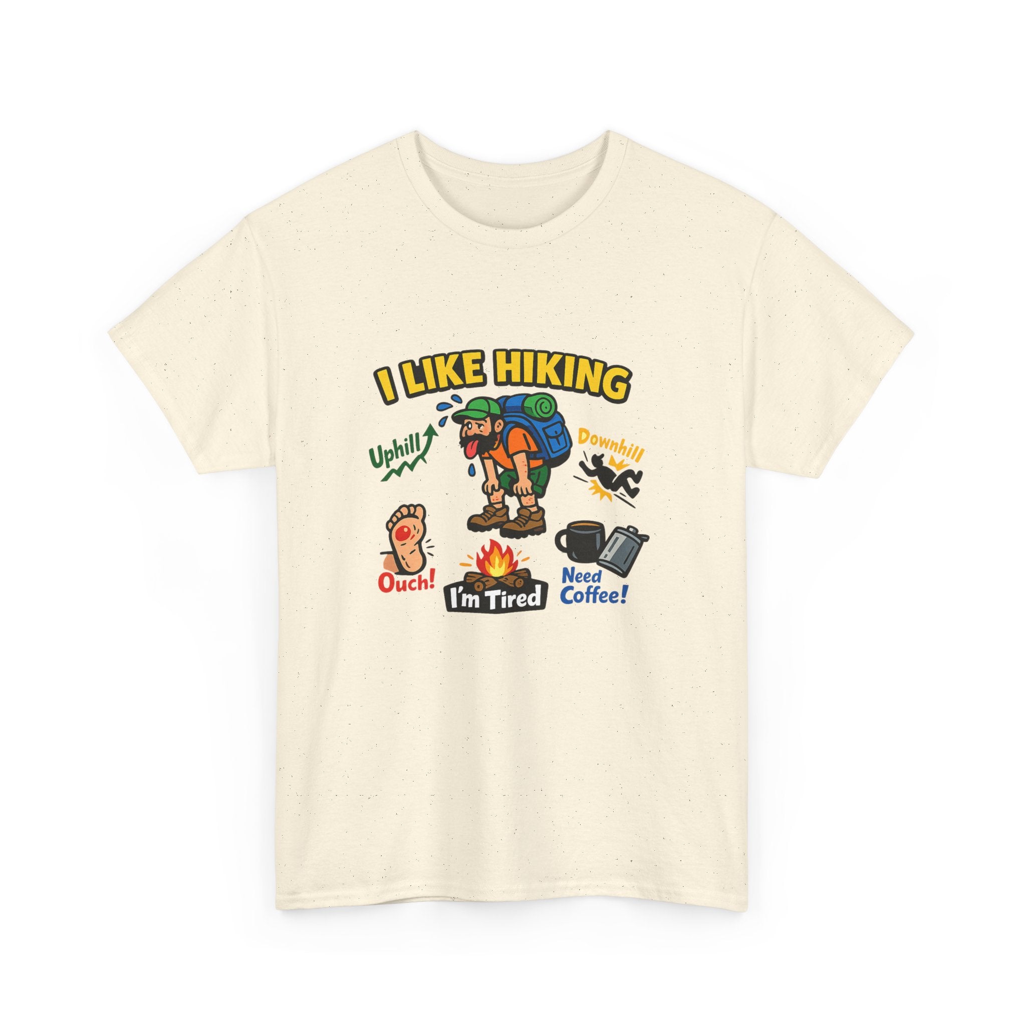 Hiking Cartoon Graphic Tee — I Like Hiking  Funny Camper Shirt (I’m Tired, Need Coffee)