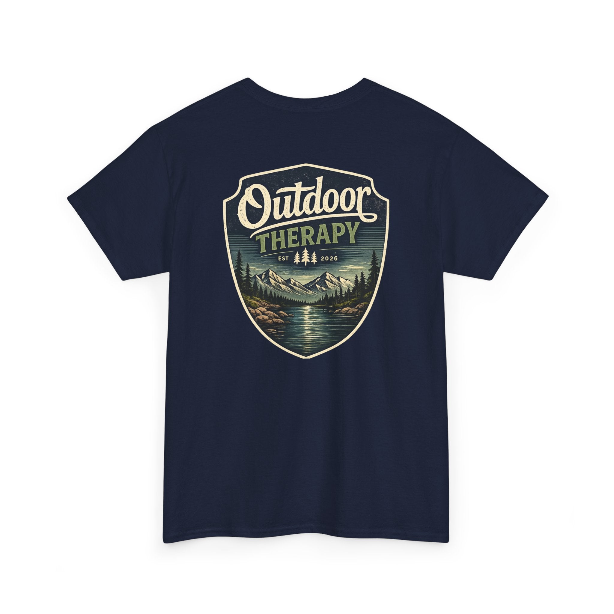 Outdoor Therapy Shield Tee — Scenic Camping & Hiking Graphic Tee
