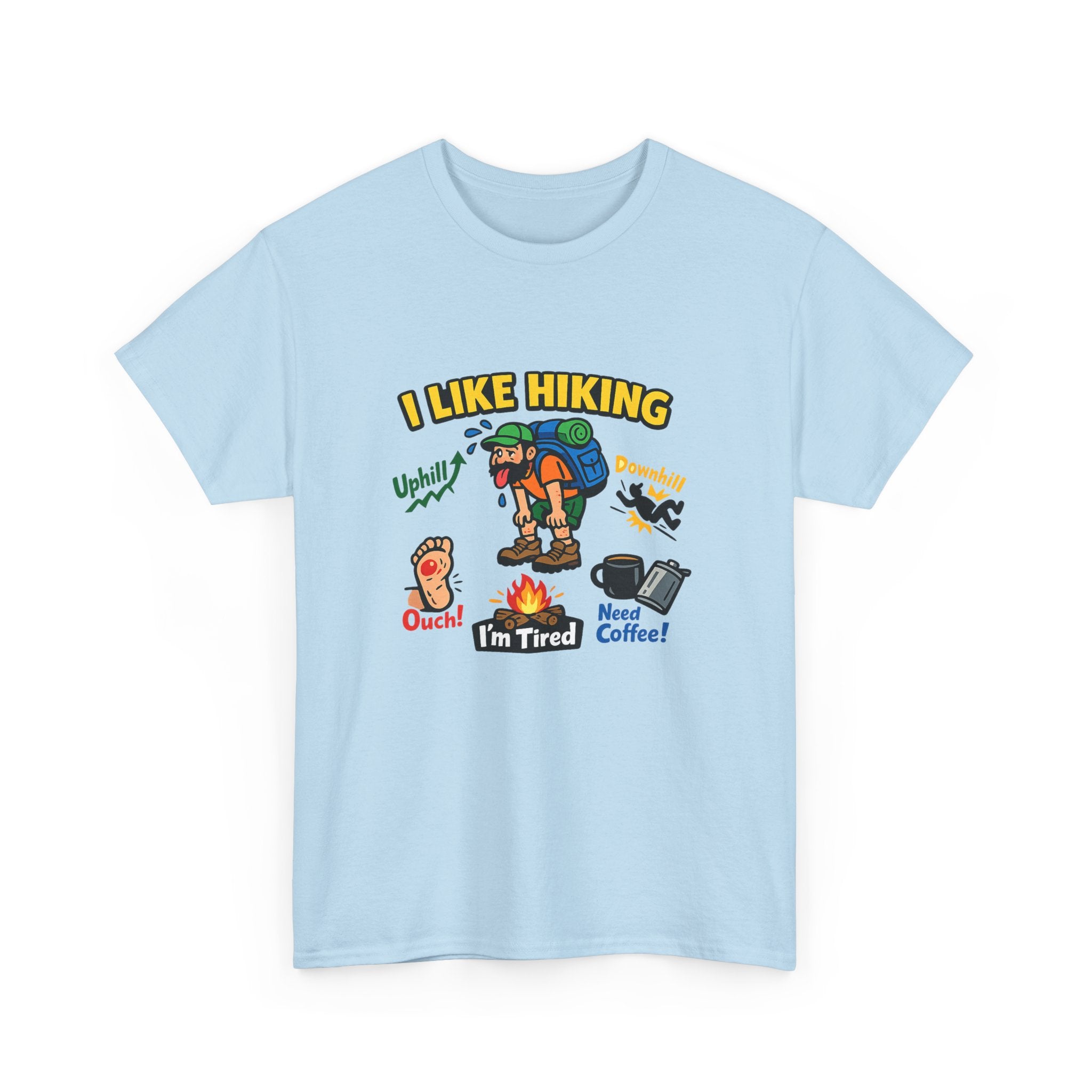 Hiking Cartoon Graphic Tee — I Like Hiking  Funny Camper Shirt (I’m Tired, Need Coffee)