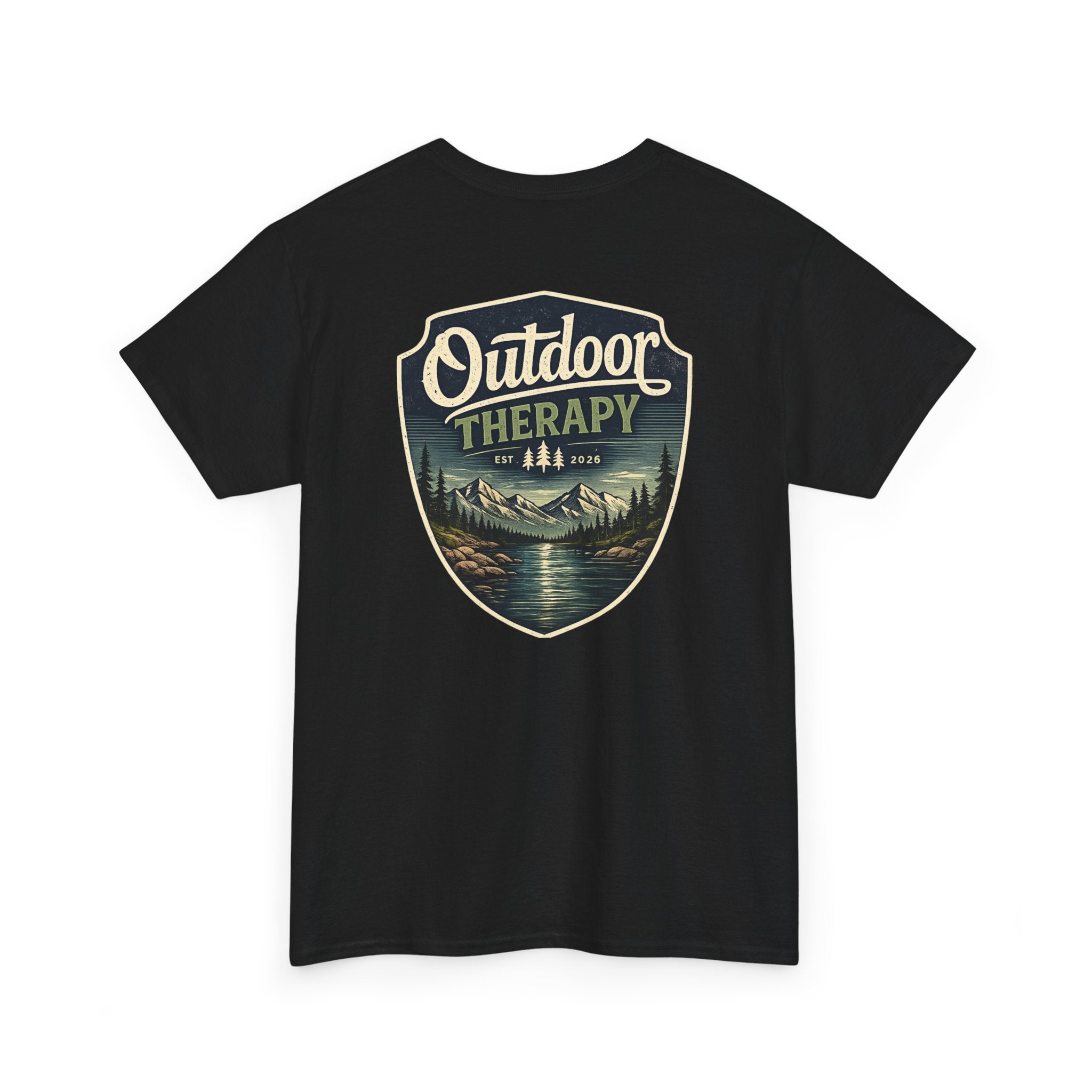 Outdoor Therapy Shield Tee — Scenic Camping & Hiking Graphic Tee