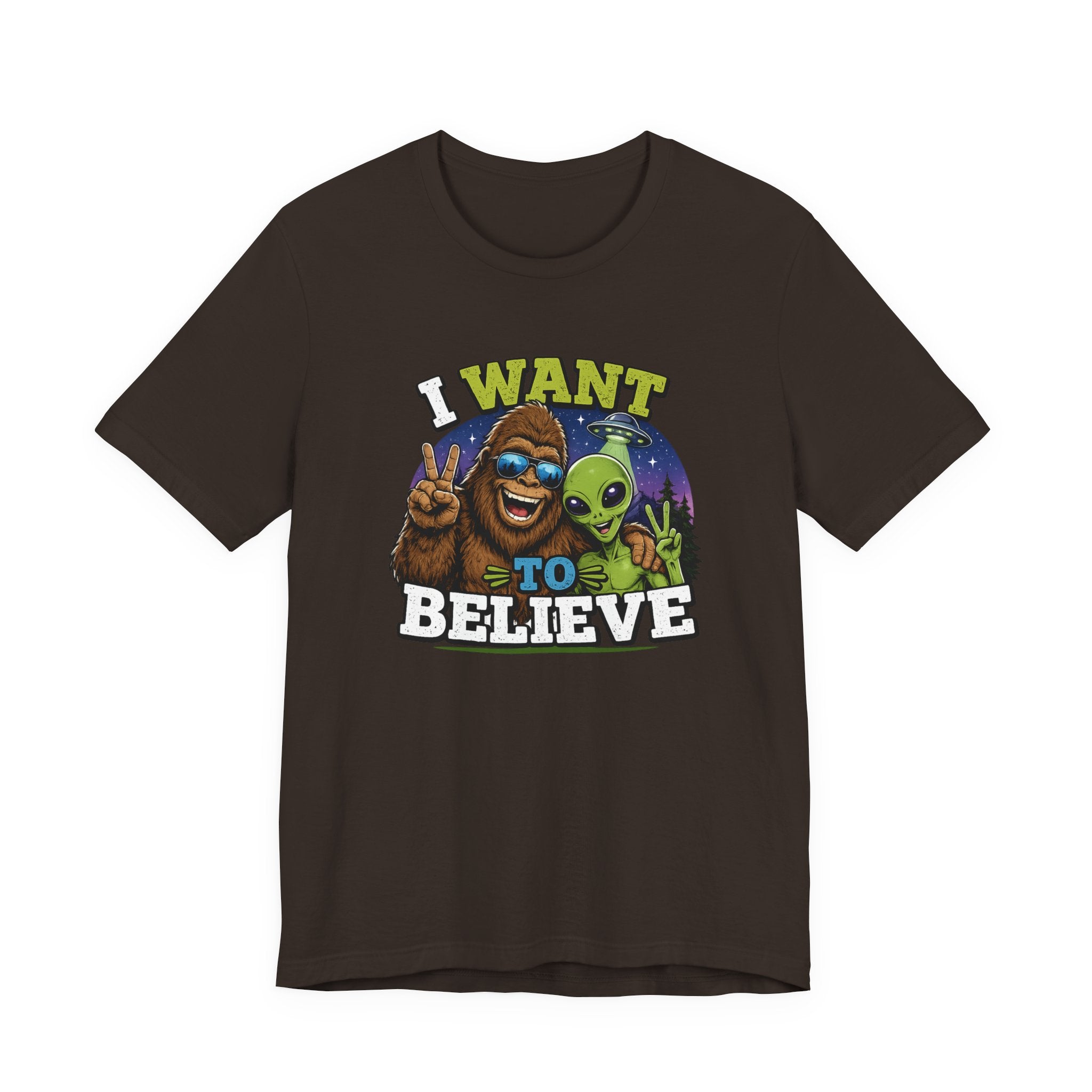 I Want to Believe Alien Graphic Tee — Funny UFO Bigfoot T-Shirt