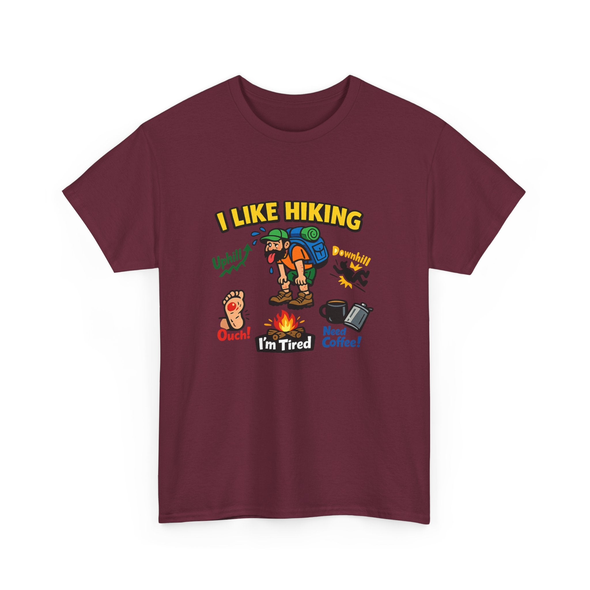 Hiking Cartoon Graphic Tee — I Like Hiking  Funny Camper Shirt (I’m Tired, Need Coffee)