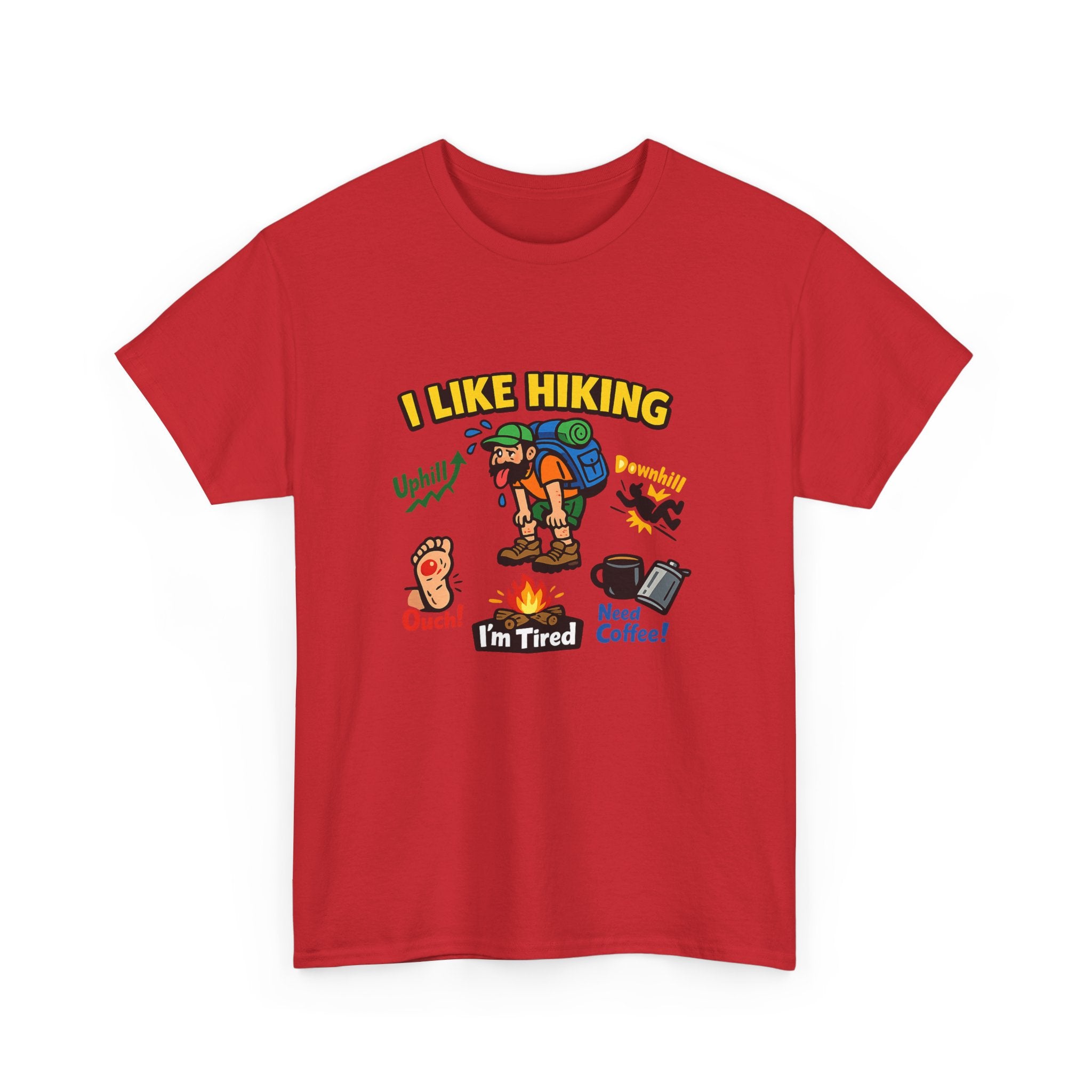 Hiking Cartoon Graphic Tee — I Like Hiking  Funny Camper Shirt (I’m Tired, Need Coffee)