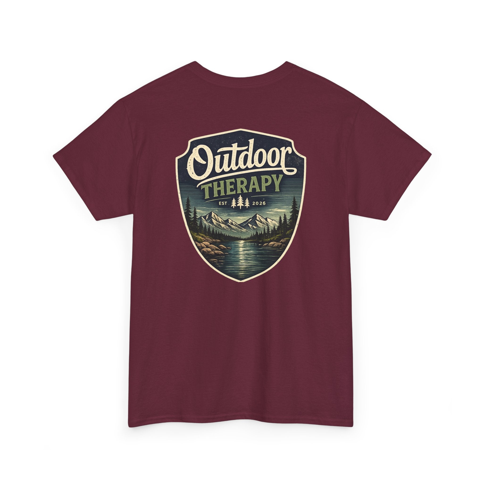 Outdoor Therapy Shield Tee — Scenic Camping & Hiking Graphic Tee