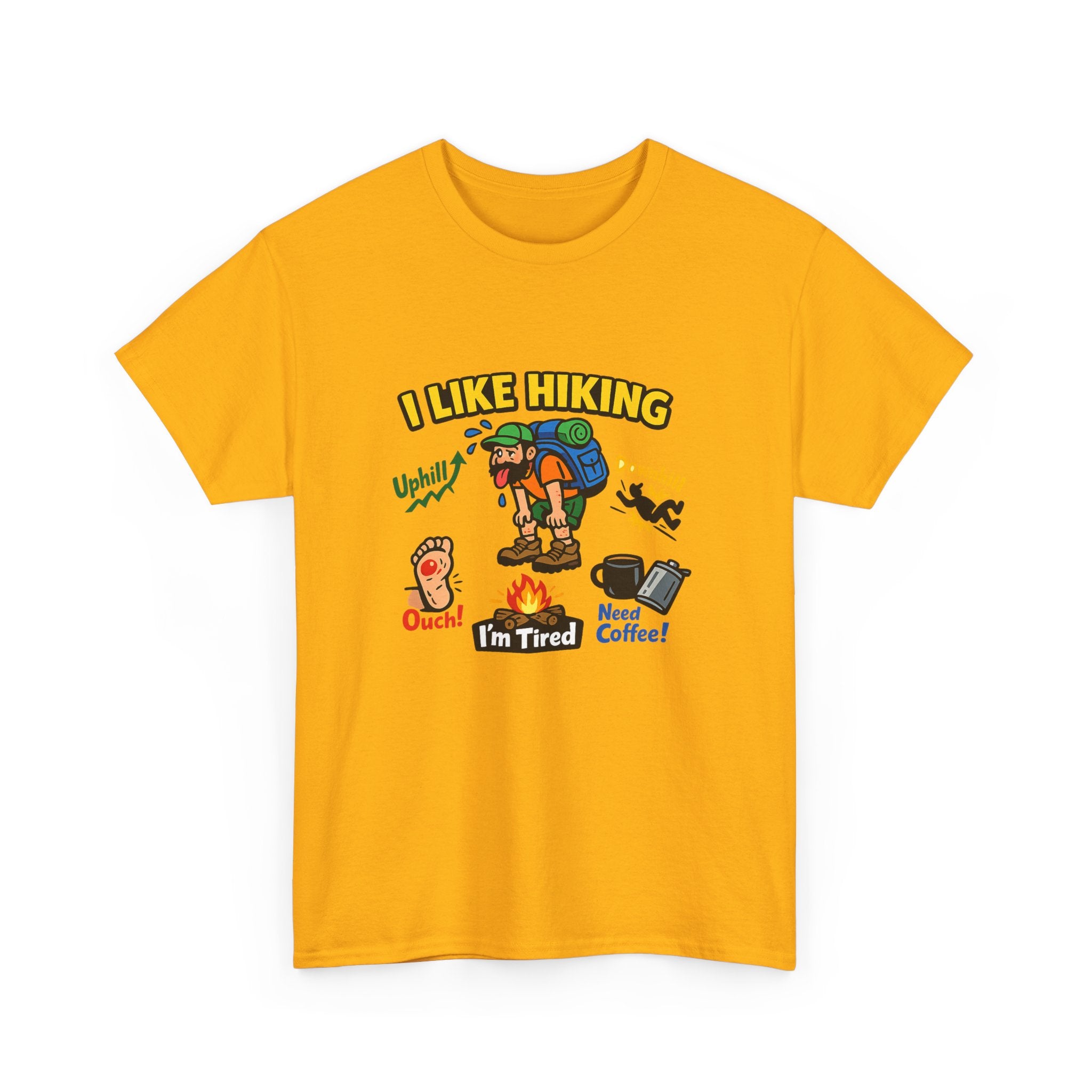 Hiking Cartoon Graphic Tee — I Like Hiking  Funny Camper Shirt (I’m Tired, Need Coffee)