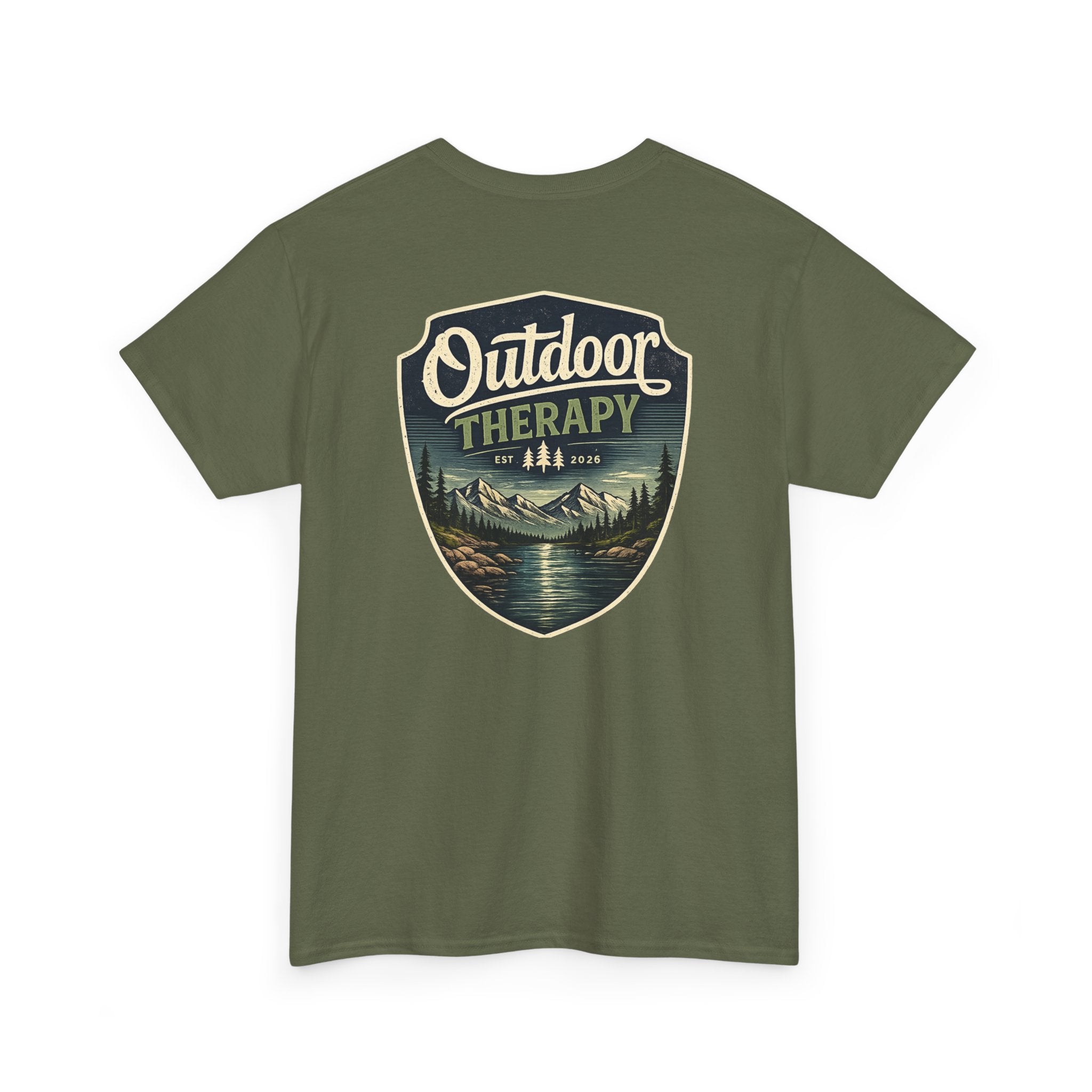 Outdoor Therapy Shield Tee — Scenic Camping & Hiking Graphic Tee