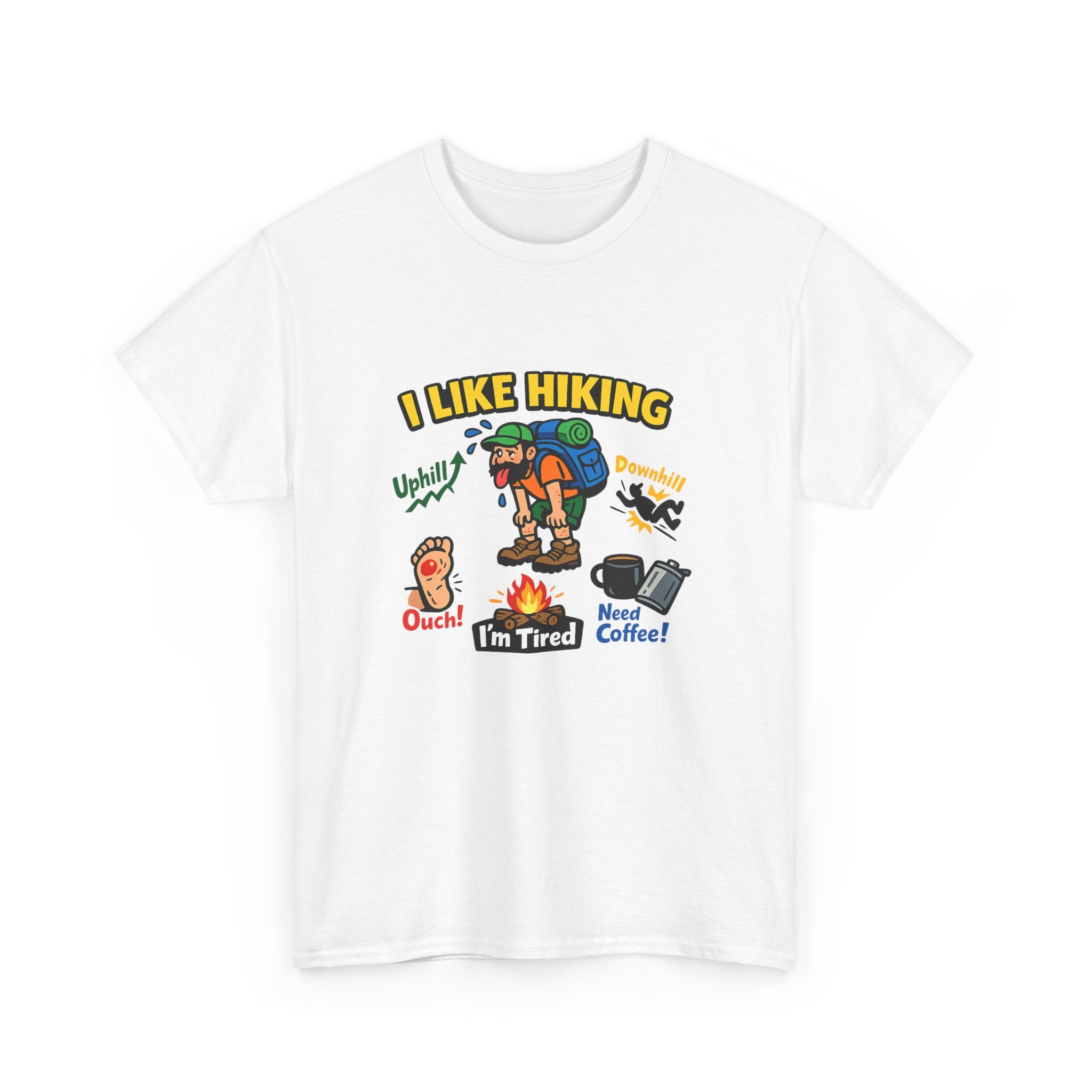 Hiking Cartoon Graphic Tee — I Like Hiking  Funny Camper Shirt (I’m Tired, Need Coffee)
