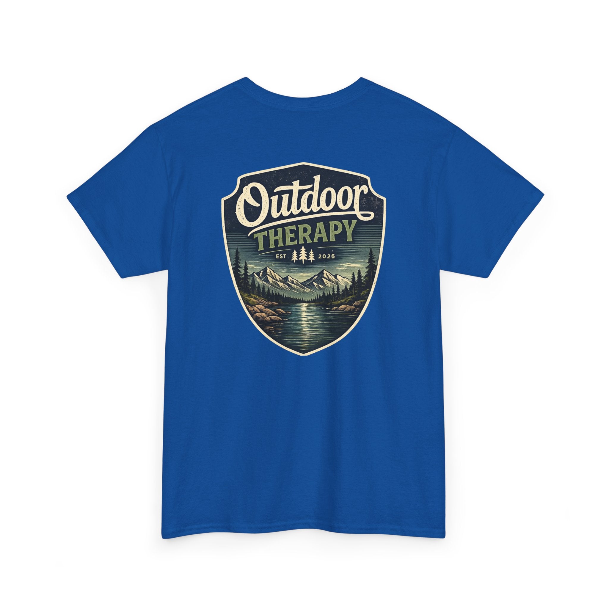 Outdoor Therapy Shield Tee — Scenic Camping & Hiking Graphic Tee