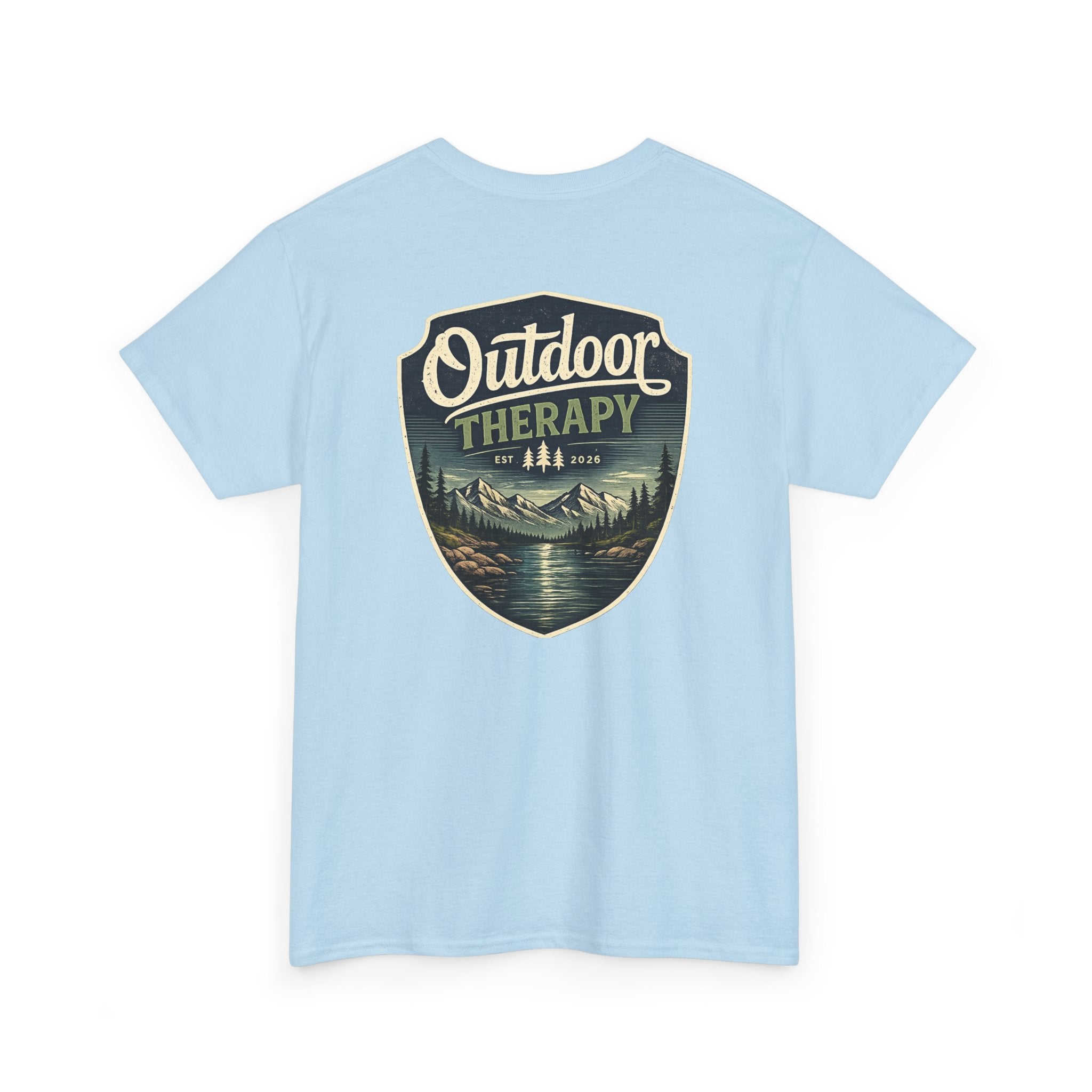Outdoor Therapy Shield Tee — Scenic Camping & Hiking Graphic Tee