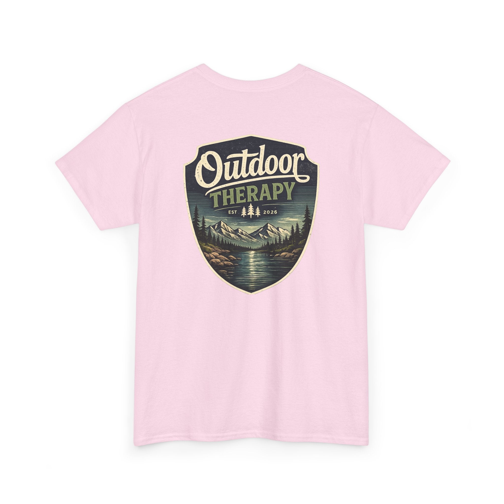 Outdoor Therapy Shield Tee — Scenic Camping & Hiking Graphic Tee