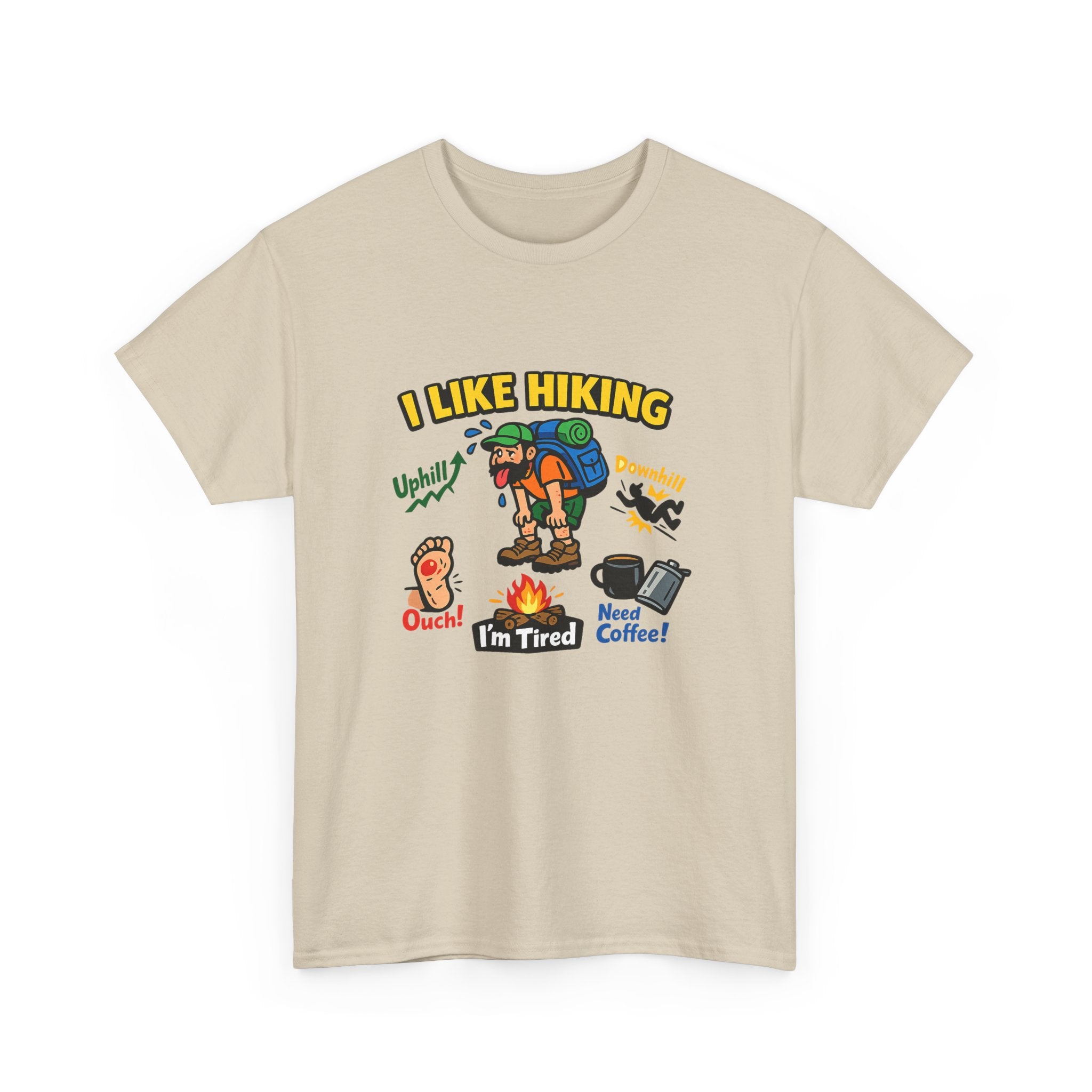Hiking Cartoon Graphic Tee — I Like Hiking  Funny Camper Shirt (I’m Tired, Need Coffee)
