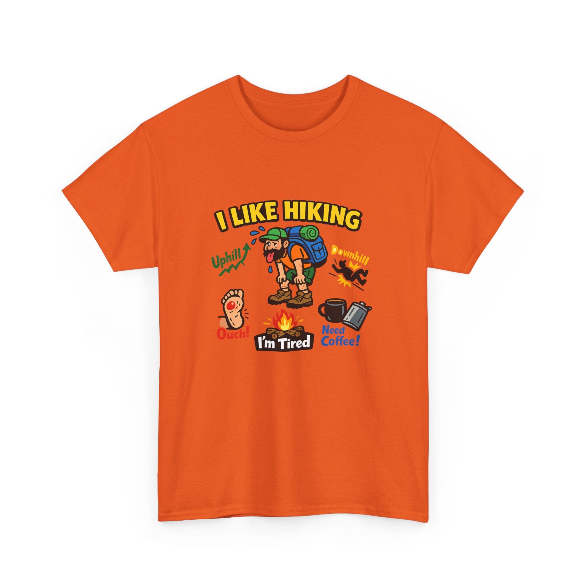 Hiking Cartoon Graphic Tee — I Like Hiking  Funny Camper Shirt (I’m Tired, Need Coffee)