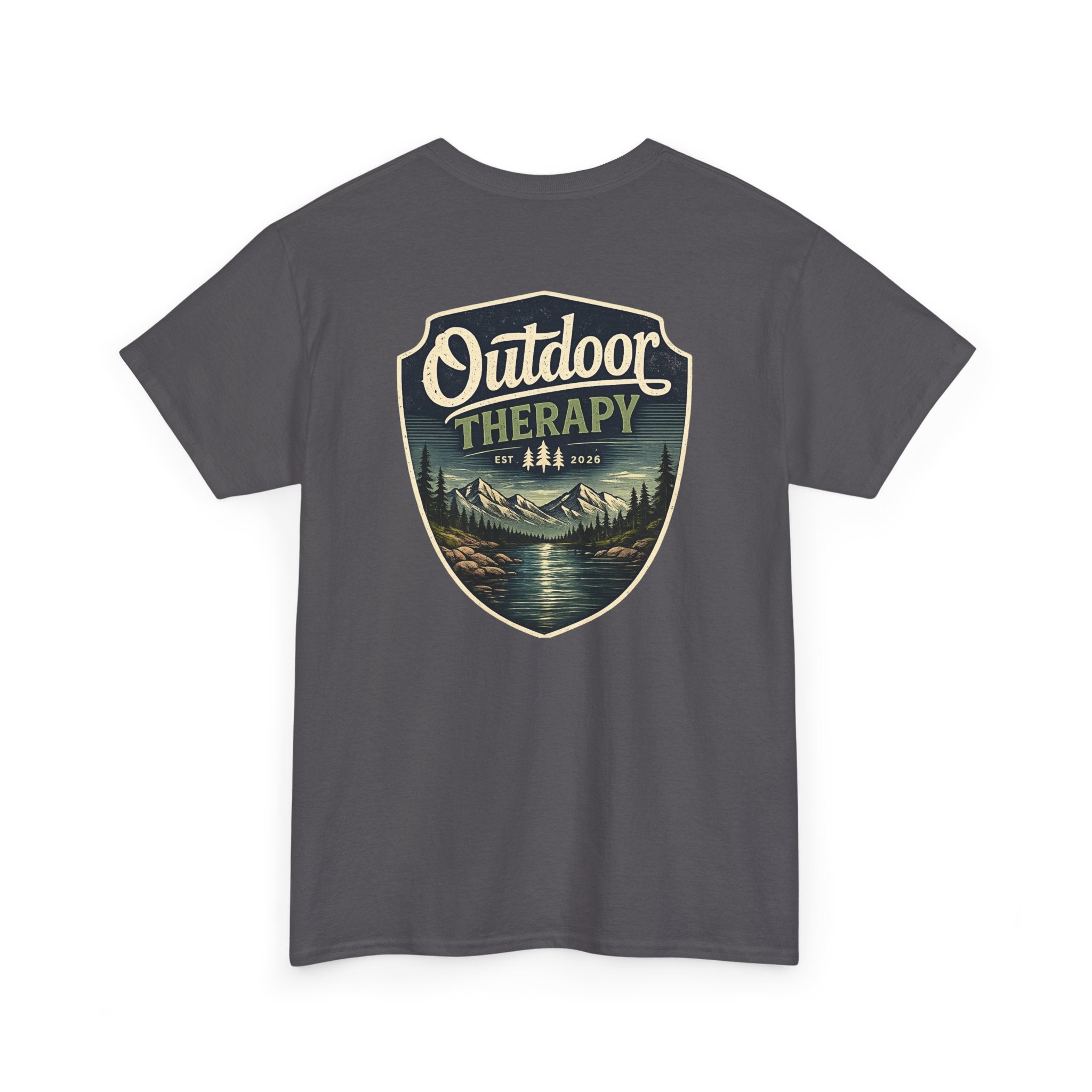 Outdoor Therapy Shield Tee — Scenic Camping & Hiking Graphic Tee